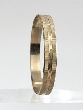 Gold Toned Geometric Textured & Fluted Vintage 80's Style Bangle Bracelet